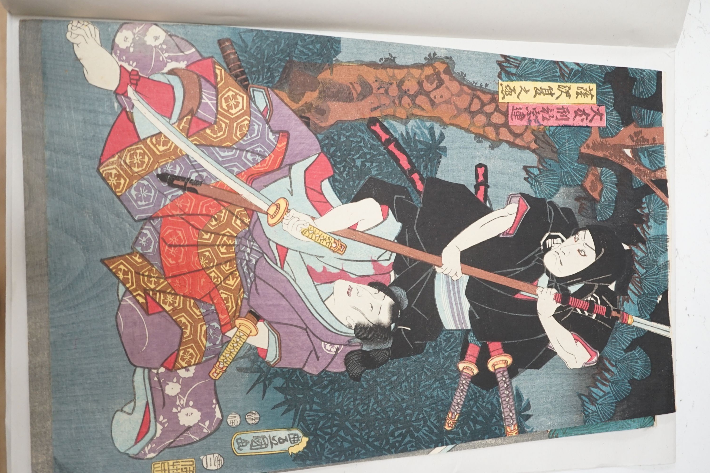 Kunisada, three woodblock prints, Actors as Samurai, cropped, 36 x 24cm, unframed